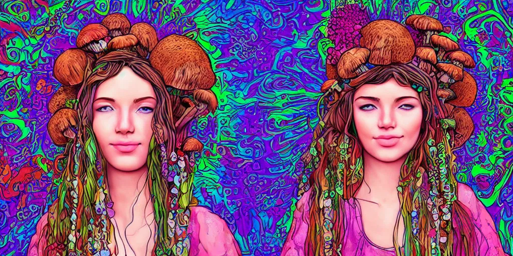 Prompt: portrait of cute hippy girl with mushrooms growing out her head. background psychedelic landscape. highly detailed photorealistic