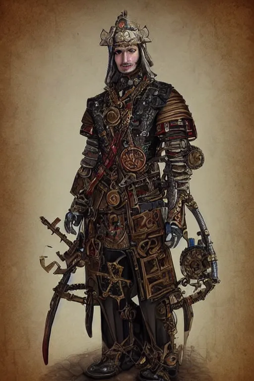 Prompt: beautiful calm bright ai generated fullbody character illustration of a very old timetraveller highpriest in ornated wooden armor and decorated sacred outfit and heavily equipped with steampunk cyberwares. rendered by machine.delusions. inspired by: @machine.delusions on instagram. Slightly reminds to boris valejho style. Fullbody portrait uncut centered cinematic, dramatic pose medieval combined with steampunk