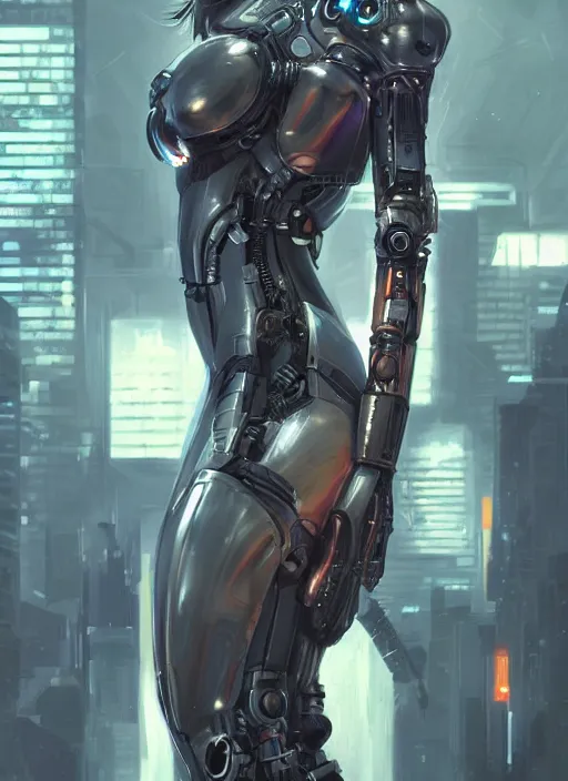 Prompt: Cyberpunk female character with Robotic arms, cyberpunk, sci-fi, intricate, elegant, highly detailed, digital painting, artstation, concept art, smooth, sharp focus, illustration, art by artgerm and greg rutkowski