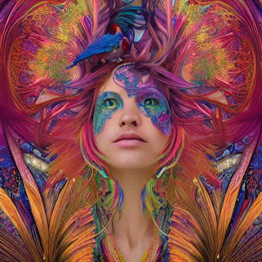 Image similar to A reality bending psychedelic ayahuasca experience, colorful, distorted, surreal, tropical bird feathers, dramatic lighting on the face, intricate, elegant, highly detailed, digital painting, concept art, smooth, sharp focus, illustration, art by Krenz Cushart and Wayne Barlowe and alphonse mucha