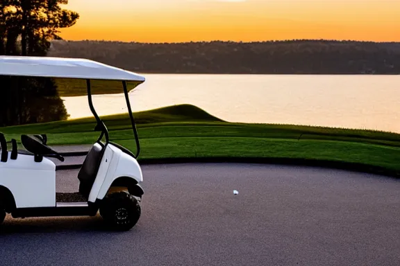 Image similar to a golf cart on a golf coarse at sunset in front of a lake