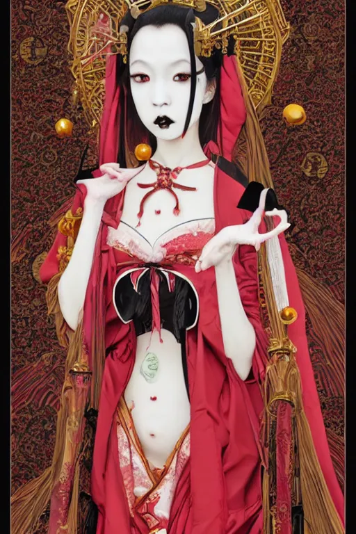 Image similar to thoth tarot card of an avant - garde japanese bjd geisha vampire queen with porcelain skin in victorian red dress in the style of dark - fantasy lolita fashion painted by yoshitaka amano, takato yamamoto, james jean, dmt art, symmetrical vogue face portrait, intricate detail, artstation, cgsociety, artgerm, gold skulls, rococo