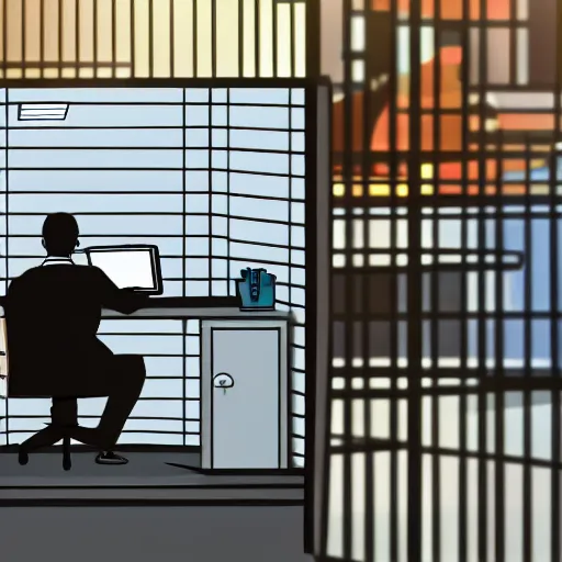 Image similar to a worker wearing a suit is sitting bored in front of his desk, it is inside a small cubicle which is completely surrounded by beautiful nature, total perspective, anime style