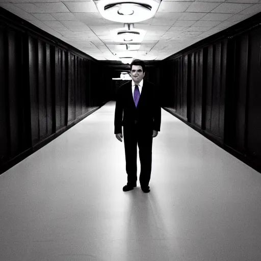 Image similar to Ted Cruz standing at the end of a long, narrow corridor, black and white, creepy lighting, foggy atmosphere, scary, horror, ornate, eerie, fear