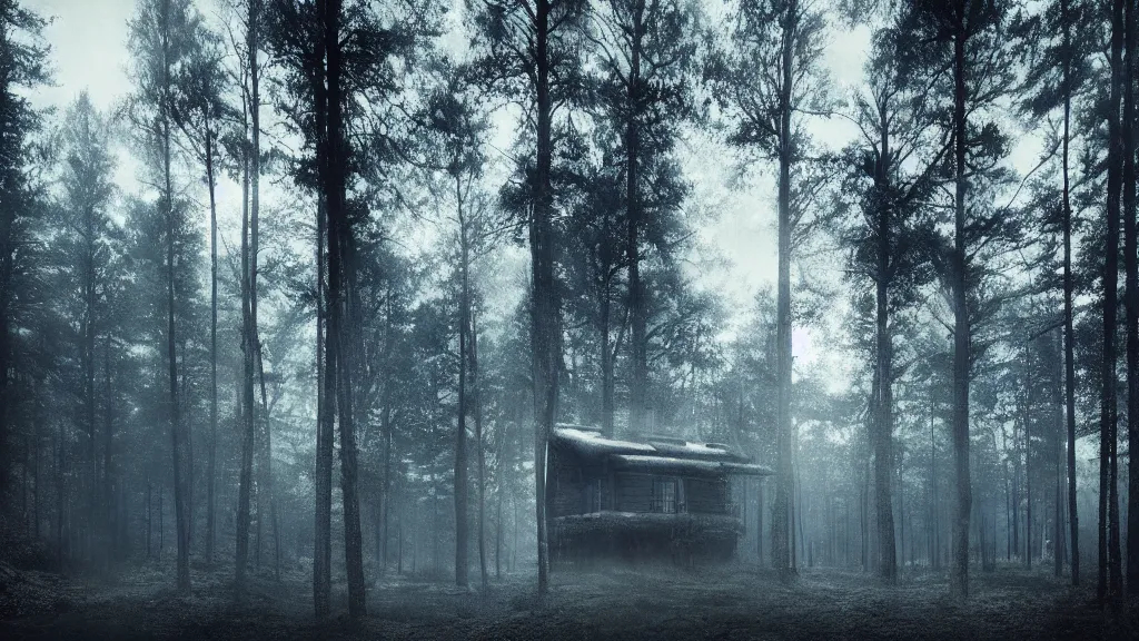 Prompt: [ a cabin in the woods. ] artgerm, mikko lagerstedt, zack snyder, tokujin yoshioka