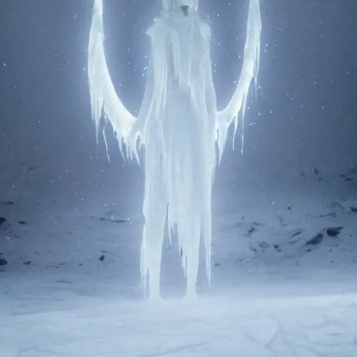 Prompt: otherworldly but beautiful and tall demon of ice