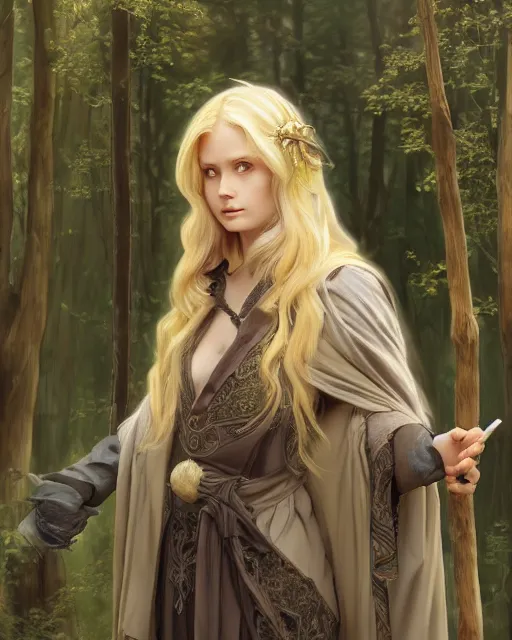 Prompt: blonde young mage casting a spell wearing a heavy cloak and chemise in the forest, fantasy character portrait, ultra realistic, intricate, elegant, highly detailed, digital painting, artstaion, smooth, sharp, focus, illustration, art by artgerm and greg rutkowski and alphonse mucha