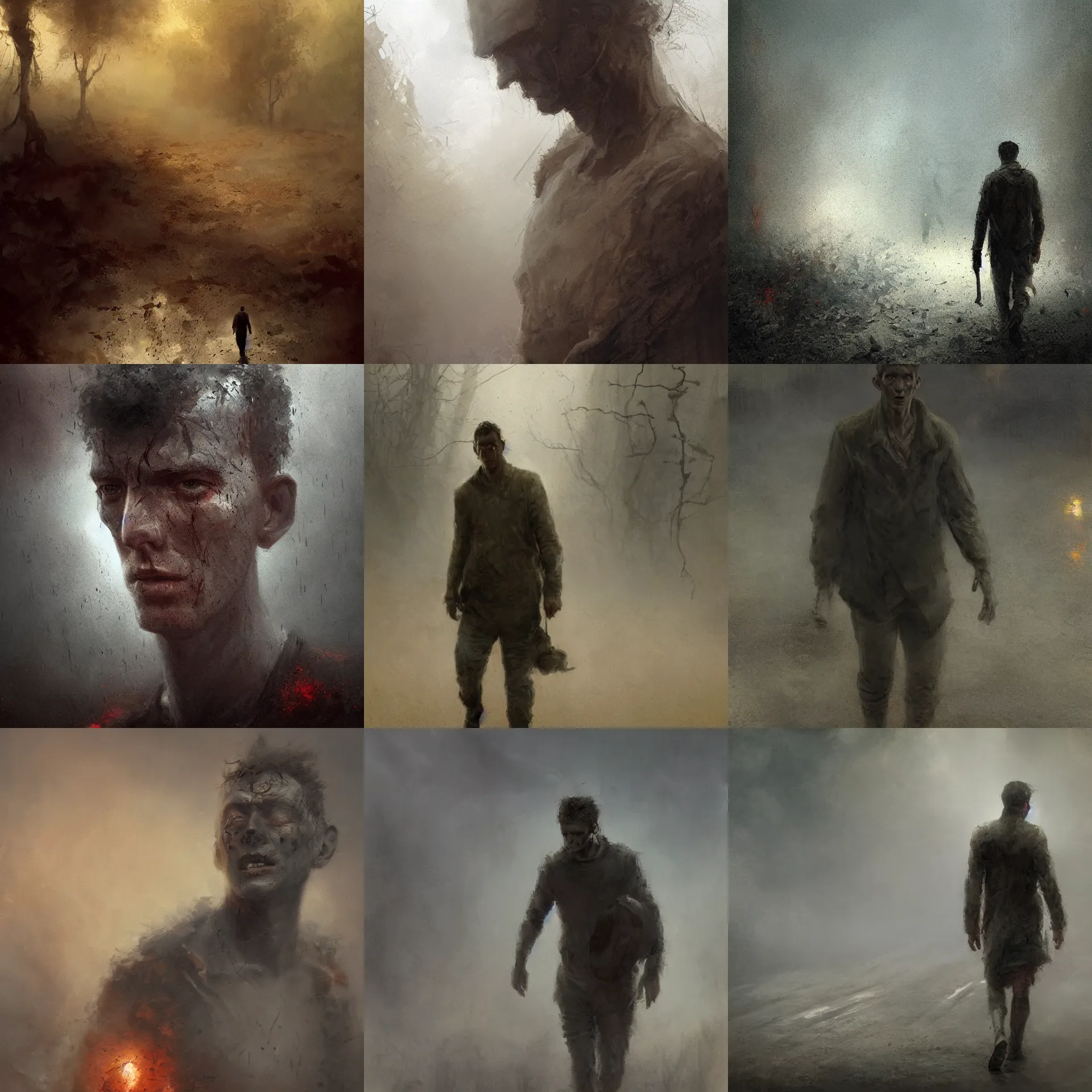 Prompt: front view digital art painting of a suffering devastated gaunt young man survivor from a nuclear war, walking through the smoke and the rain of ashes, looking at the ground, apocalypse, painted by craig mullins and gaston bussiere and greg rutkowski, dramatic lighting, ambient lighting, close up