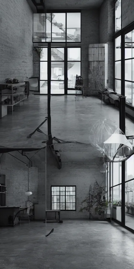 Prompt: « warehouse interior design, furnitures, black, latex, reflections, pain, alone, sadness, suffering, octane render»