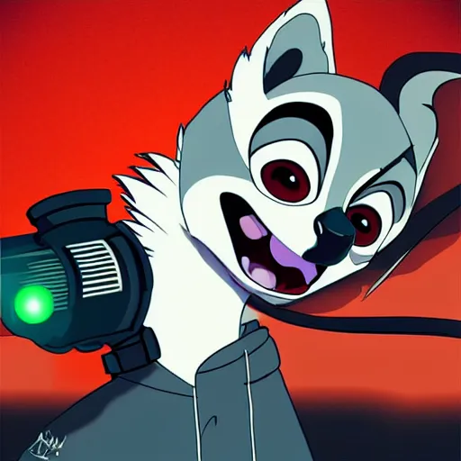 Image similar to “ logo of a lemur in the style of zootopia holding laser gun, with a black background, digital art, award winning, trending on art station, retro style ”