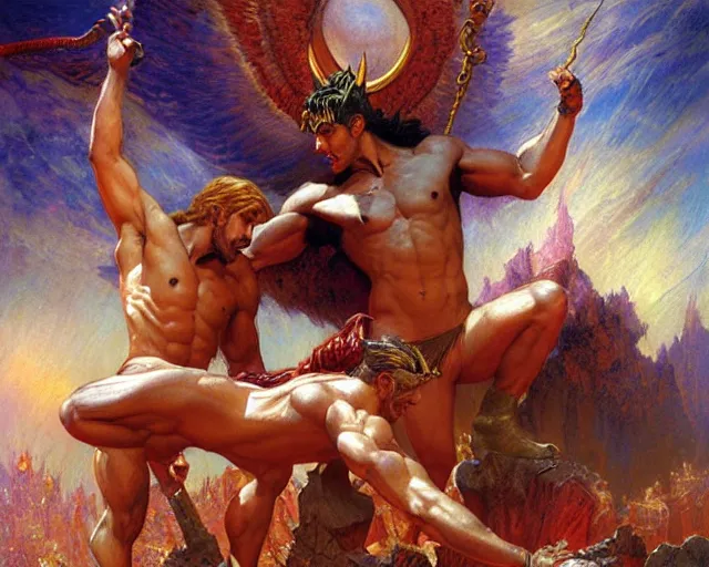 Prompt: attractive male deity, casting demonic magic, summoning ( muscular ) lucifer morning star, as they battle over the earthly realm, highly detailed painting by gaston bussiere, craig mullins, j. c. leyendecker, tom of finland