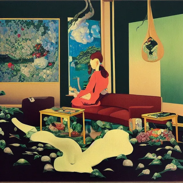 Image similar to female emo art student in her lounge room, painting of flood waters inside an artist's loungeroom, a river flooding indoors, pomegranates, pigs, ikebana, water, octopus, river, rapids, waterfall, black swans, canoe, berries, acrylic on canvas, surrealist, by magritte and monet