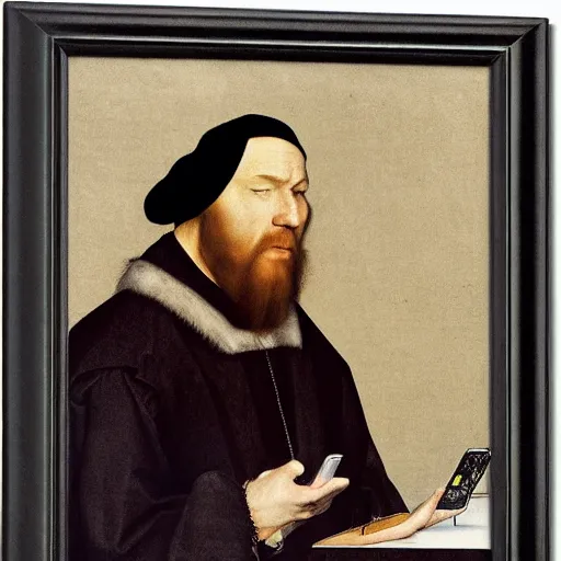 Prompt: man on a cell phone, by Hans Holbein the Younger