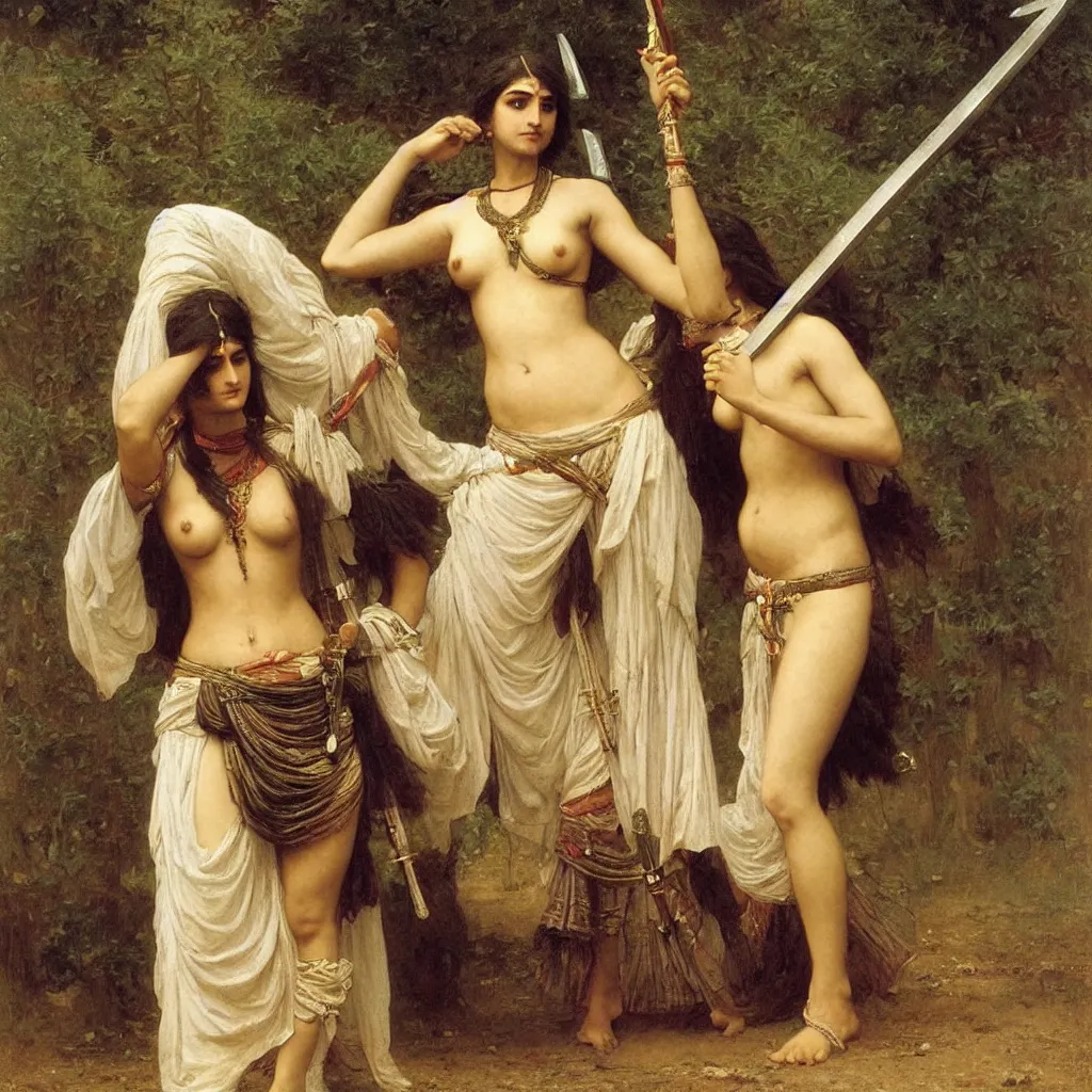 Prompt: an extremely beautiful female hindu warrior carrying swords, art by auguste toulmouche and bouguereau