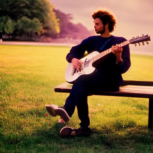 Prompt: 1 9 9 0 s candid 3 5 mm photo of a man sitting on a bench in a park playing guitar, cinematic lighting, cinematic look, golden hour, the clouds are epic and colorful with cinematic rays of light, photographed by petra collins, uhd