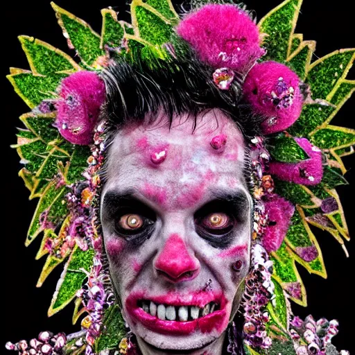 Prompt: portrait of a punk rock zombie, made of fruit and flowers, glitter on skin, pink crystal mohawk, in the style of Arcimboldo, aspect ratio 9:16, -W 1024 -s 100