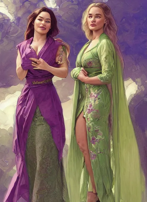 Image similar to lindsey pelas and emilia clarke wearing a green kebaya with purple sash, digital painting, artstation, concept art, sharp focus, illustration, art by artgerm and greg rutkowski and alphonse mucha