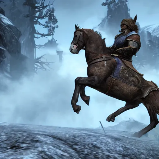 Prompt: screenshot of a player performing a the horse tilt glitch in skyrim