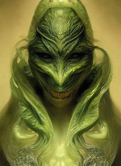 Image similar to fractal with green chins, physically accurate, moody dynamic lighting, very very intricate, very very elegant, highly detailed, digital painting, artstation, HR GIGER, Hieronymus Bosch, Francis Bacon, concept art, smooth, very beautiful, sharp focus, illustration, art by artgerm and greg rutkowski and alphonse mucha