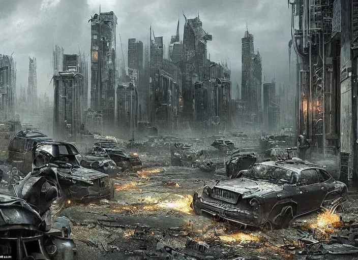 Image similar to an unbelievable dystopian scene, highly detailed, contrasting colours, dark