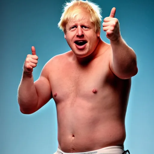 Prompt: boris johnson as an angry muscular wwe wrestler wearing a cap hat. he is looking closely at his open palm