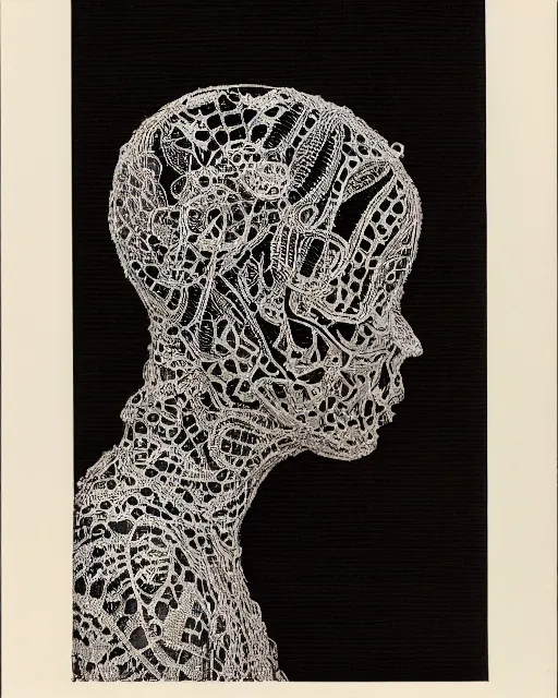 Image similar to a woman's face in profile, made of intricate decorative lace skeleton, in the style of the dutch masters and gregory crewdson, dark and moody