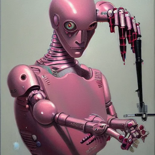 Image similar to pink robot artist artist painting a self portrait, by john howe