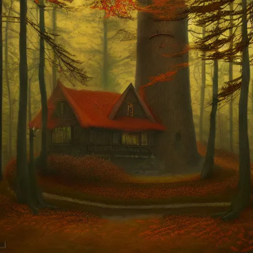 Image similar to shamans house in an autumn forest, green and brown tones, by Aron Wiesenfeld and beksincki, cinematic, detailed illustration, nature, fog, dark colors, suspense, intricate, 8k