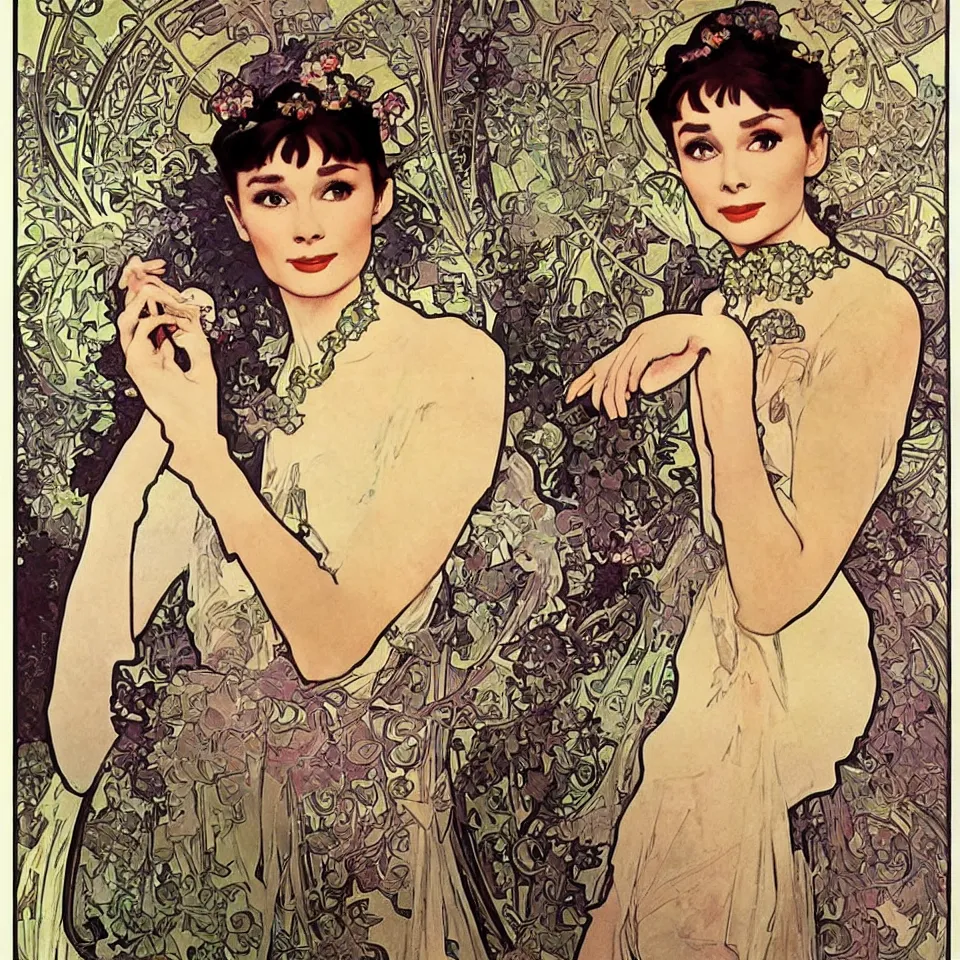 Prompt: audrey hepburn in breakfast at tiffany's by alphonse mucha, art nouveau