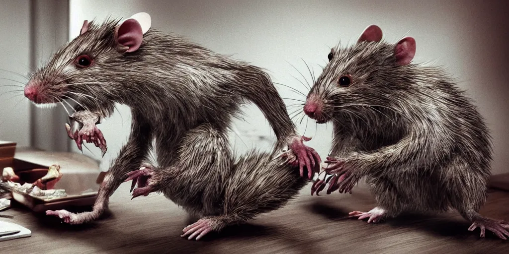 Image similar to a highly detailed photographic render of a humanoid rat creature eating a man in a living room, ratman watching tv, gore, blood, rat man, horror sci-fi, horro science fiction, biology, horror, cinematic, cinematic horror, cinematic lighting, cinematic scene, cinematic render, film, horror film, beautifully lit, ray traced, octane 3D render, octane render, unreal engine