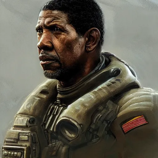 Image similar to portrait of a man by greg rutkowski, denzel washington as a colonial marine from aliens franchise, he is about 5 0 years old, military composure, wearing the tactical gear of the colonial marines, highly detailed portrait, digital painting, artstation, concept art, smooth, sharp foccus ilustration, artstation hq