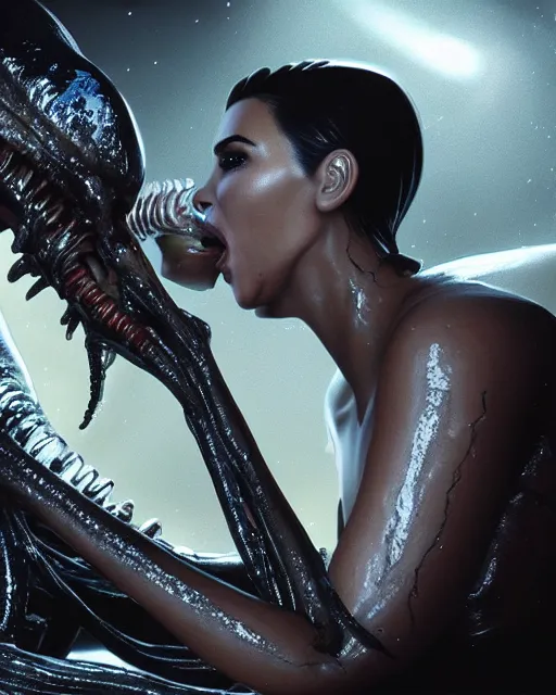 Image similar to film still of kim kardashian being licked by an xenomorph slathered in a transparent alien liquid, wet flowing hair, gooey skin, illustration, unreal engine 5, 8 k, directed by h. r. giger.