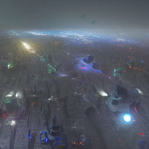 Image similar to night on nar shaddaa, overhead view, distance shot, 4 k resolution, realistic, matte painting