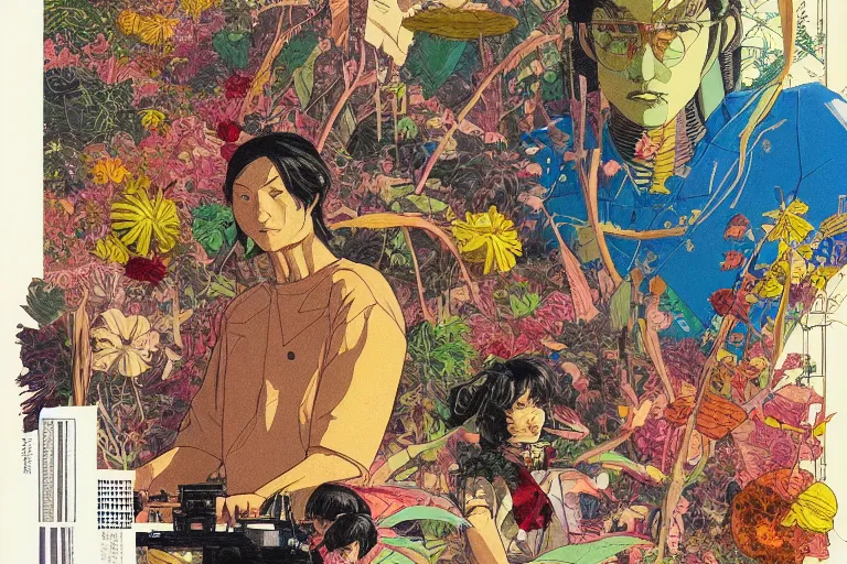 Image similar to risograph grainy drawing vintage sci - fi, satoshi kon color palette, gigantic gundam, covered with exotic flora, 1 9 8 0, kodachrome, natural colors, comicbook spreadsheet, codex seraphinianus painting by moebius and satoshi kon and dirk dzimirsky close - up portrait