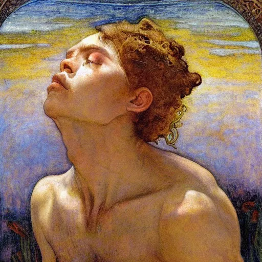 Image similar to the flower prince is dying, by Annie Swynnerton and Diego Rivera and Elihu Vedder, symbolist, dramatic lighting, elaborate geometric ornament, Art Brut, soft cool colors,smooth, sharp focus, extremely detailed, Adolf Wölfli and Donato Giancola