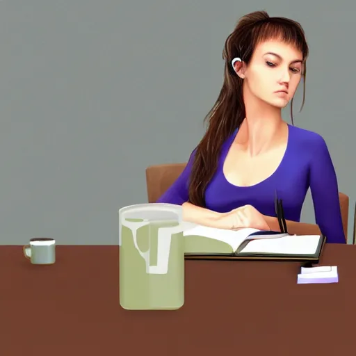 Image similar to hyperrealistic rendition of lo-fi girl sitting at a desk studying