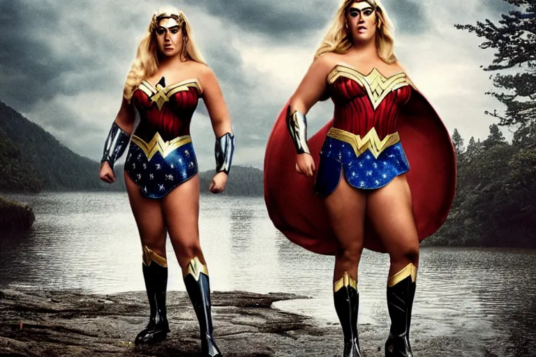 Prompt: a cinematic painting of gemma collins as wonderwoman near a lake on a rainy day, beautiful lighting, high depth, ultra realistic, artistic, by annie leibovitz