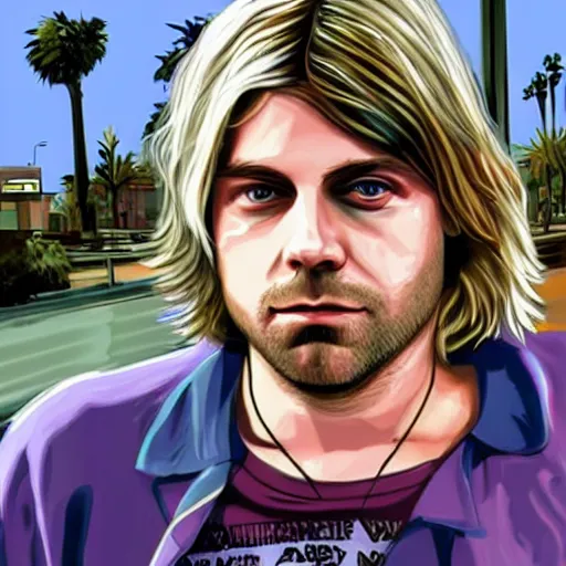 Prompt: Kurt Cobain as a gta5 character, video game art, cover art, grand theft auto