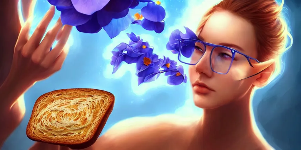 Prompt: epic professional digital art of a bread toast!!!! wearing 👓 and a blue flower, best on artstation, cgsociety, wlop, cosmic, epic, stunning, gorgeous, much detail, much wow, masterpiece, backlight