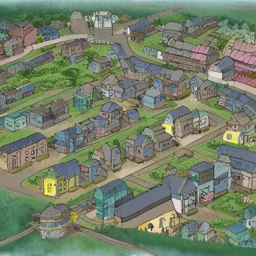 Image similar to a town designed by hayao miyazaki, studio ghibli