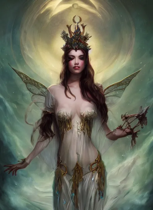 Image similar to tarot!!, fairy queen, fantasy medieval, no noise, elegant, concept art, sharp focus, beautiful face!!, digital art, smooth defined outlines!!, by Brom, Guangjian Huang, trending on Artstation, Tom Bagshaw, Sargent