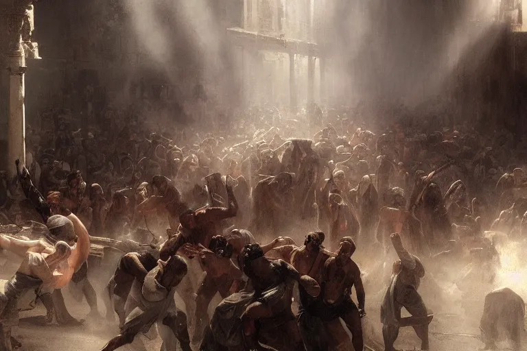 Image similar to Movie scenes of Romans public executions 100 AD, in the style of Greg Rutkowski and Michelangelo and Eugène Delacroix, extremely moody lighting, glowing light and shadow, atmospheric, shadowy, cinematic