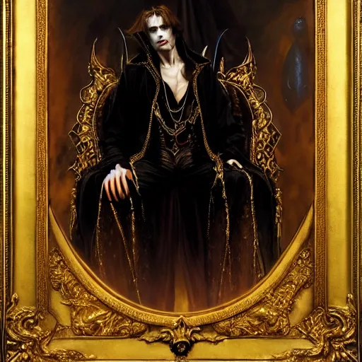 Image similar to perfectly centered portrait of attractive vampire king in gold gothic robe sitting on a throne of black bones, highly detailed painting by gaston bussiere, craig mullins, j. c. leyendecker, 8 k