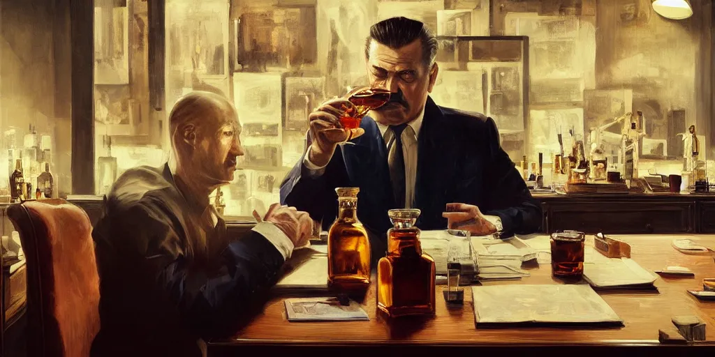 Image similar to beautiful oil matte portrait painting, mafia boss drinking whiskey at his 5 0 s new york office desk, wonderful masterpiece highly detailed, beautiful cinematic light deep focus, elegant, digital painting, smooth, sharp focus, golden ratio, dramatic illumination, ultra realistic, 8 k, art by jimmy law