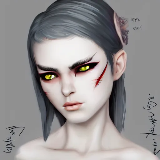 Image similar to Young woman, white hair, black eyes, pointy ears, pale skin, trending on artstation
