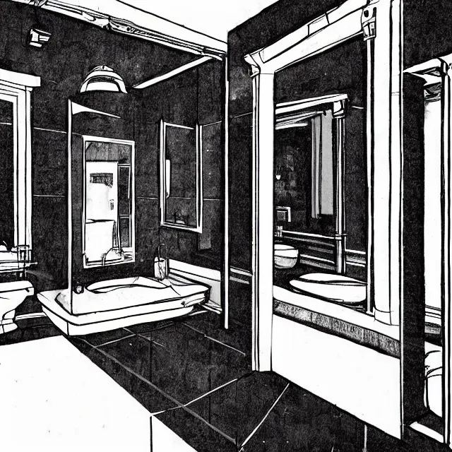 Prompt: the bathroom from the movie the shining, extremely detailed digital video, trending artstation concept art sharp focus, cartoon style