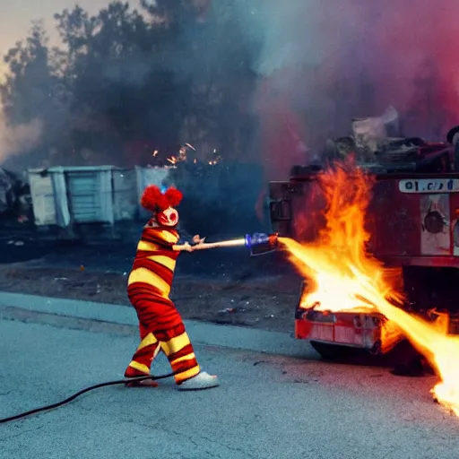 Prompt: photo of a clown using a flamethrower. In the background there is a dumpster fire. award-winning, highly-detailed, 8K
