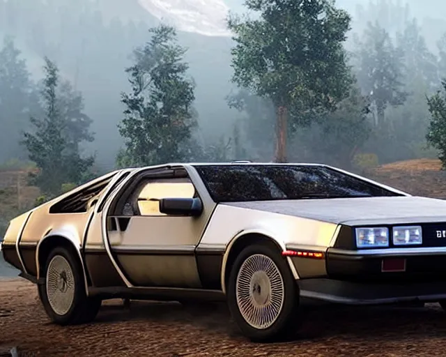 Image similar to new concept for a delorean, cinematic, photoreal, by red dead redemption 2