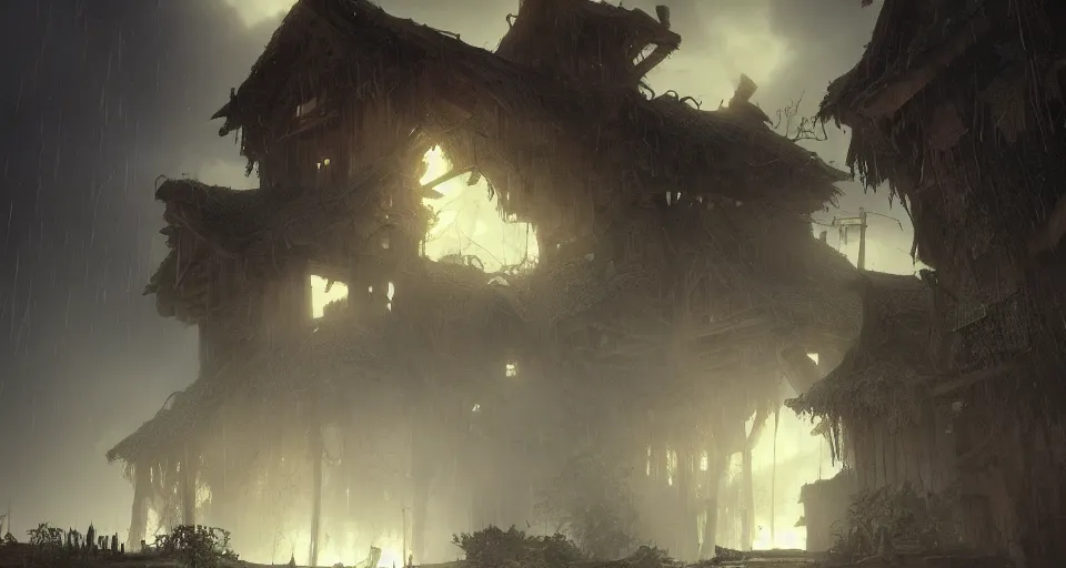 Prompt: one single big giant ogre troll. attacks wooden village houses. Destruction dust and fog. Atmospheric beautiful by Eddie mendoza and Craig Mullins. volumetric lights