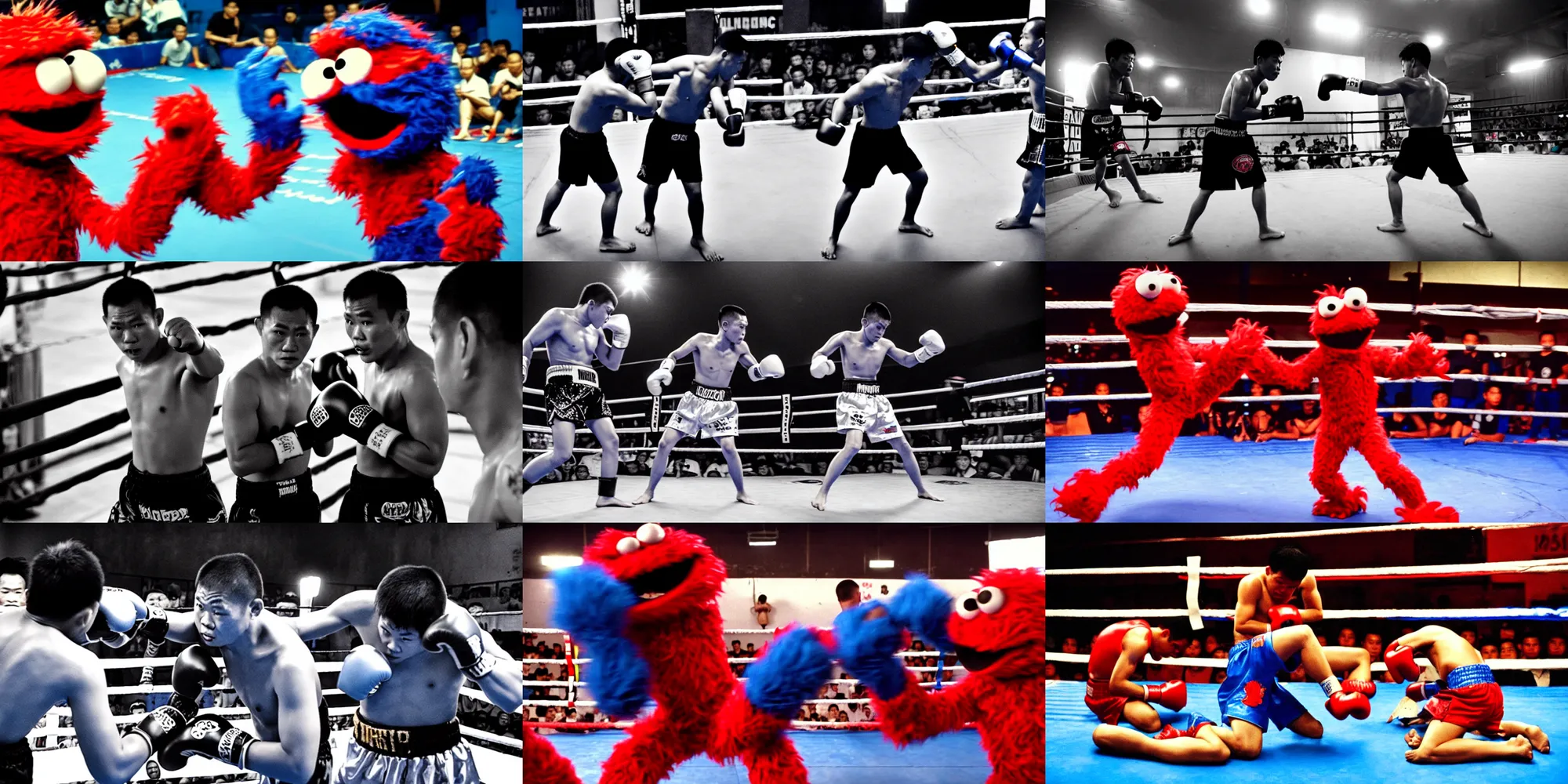 Prompt: scared elmo boxing cookie monster, muay thai match in lumpinee boxing stadium, film still from the movie, wide lens